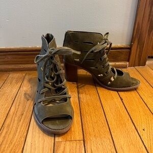 Vince Camuto Tressa suede block heel ankle bootie in olive green